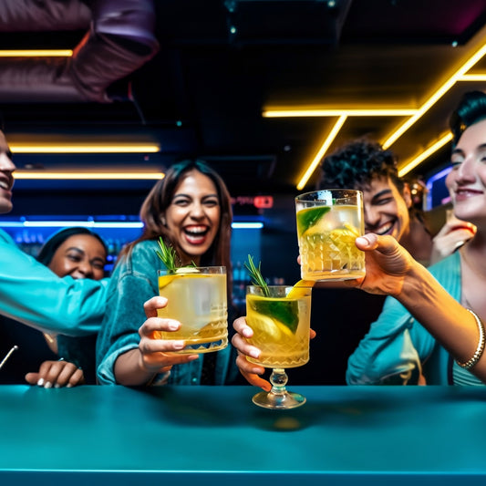 Grupo de jóvenes brinda con cócteles en un bar moderno con luces de neón y ambiente festivo.