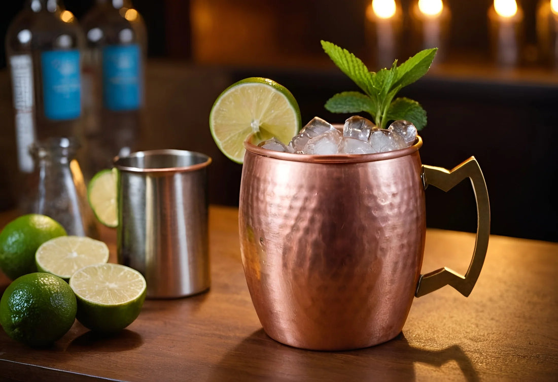 Moscow Mule servido en una taza de cobre con hielo, rodaja de limón y hoja de menta, acompañado de limones frescos en una mesa de madera, con un fondo cálido y botellas desenfocadas